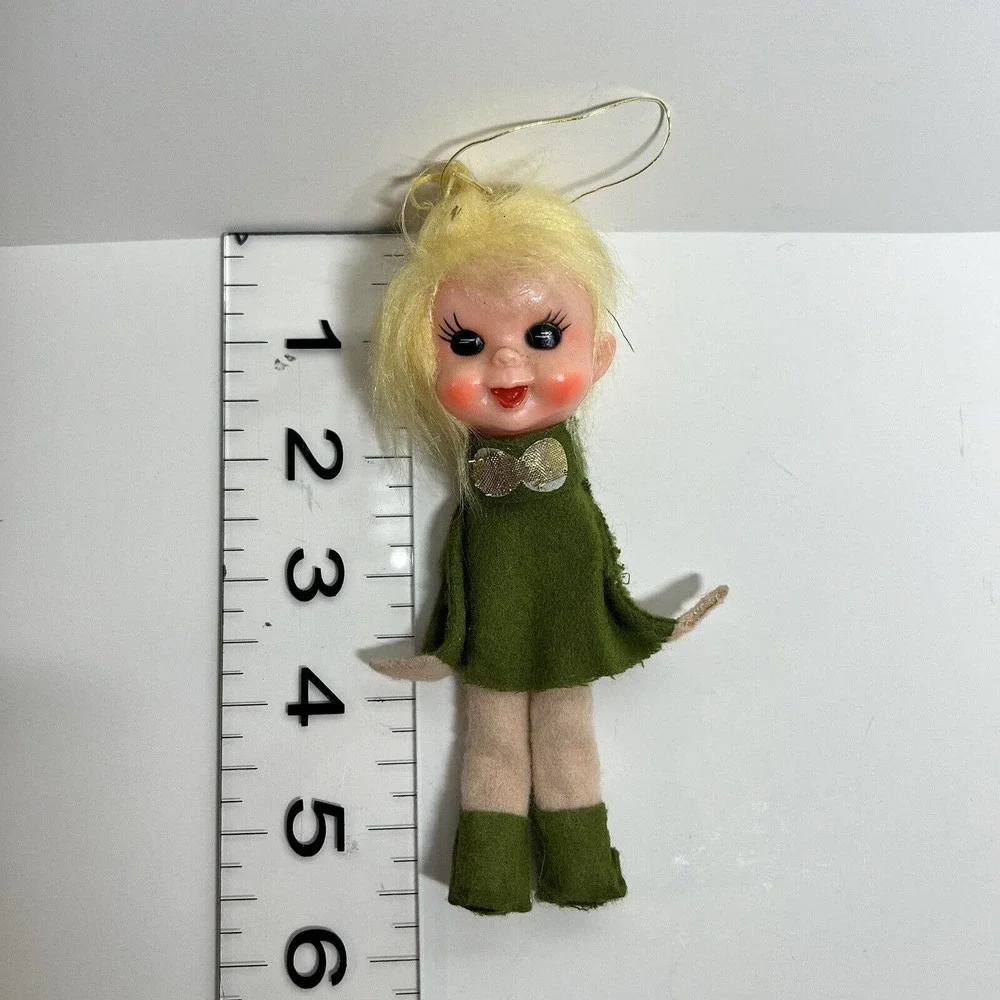 Pixie Elf Green Felt Plastic Face Christmas Ornament Made in JAPAN 6